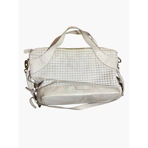 Perforated White Leather Satchel Bag With Adjustable Strap & Dual Handles
